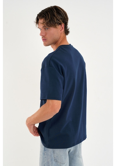 Blank Unisex Oversize Geniş Kesim Tişört %100 Pamuk Kalın Dokulu Bisiklet Yaka T-shirt Indigo