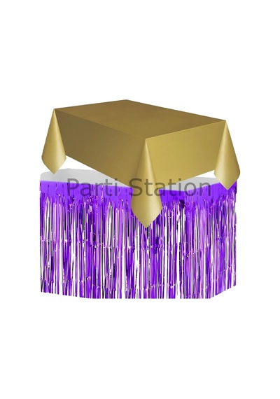 Masa Örtüsü Ve Masa Eteği Set Plastik Gold Altın Renk Masa Örtüsü Mor Renk Metalize Masa Eteği Set Standart