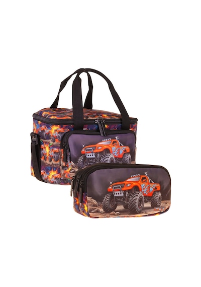 Kaukko Kids Erkek Çocuk Arazi Aracı Baskılı Siyah - Kırmızı Thermo Beslenme Çantası Ve Kalemlik Seti - Setkk-l5360