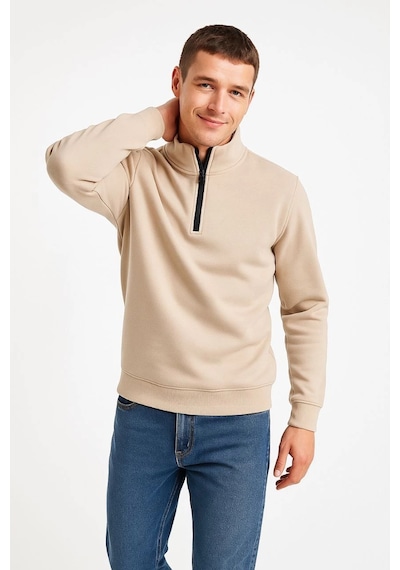 Barlashive Erkek Dik Yaka Sweatshirt Dik Yaka Yarım Fermuarlı 3 İplik Pamuk Kumaş - Bej Çok Renkli