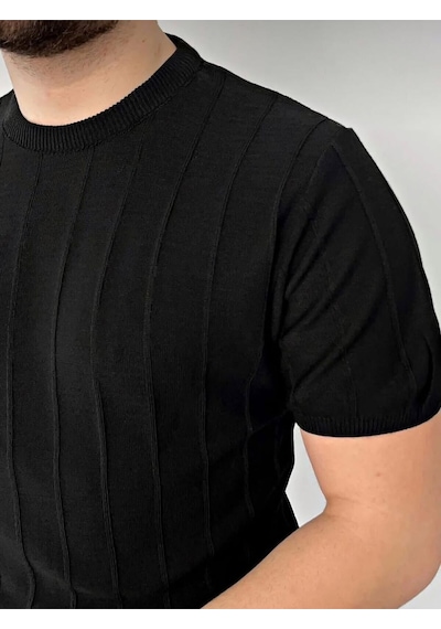 Erkek Slim Kısa Kollu Triko Tişört Yazlık Basic SIYAH