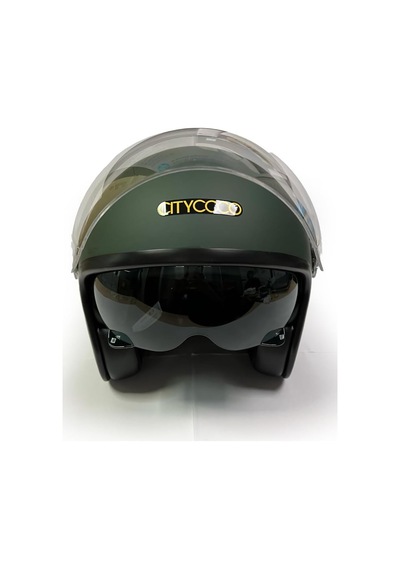 Motosiklet Yarım Kask , Mat Yeşil, Çift Vizörlü, Vintage Stil, Terletme Yapmaz Pedler -m Beden Diğer
