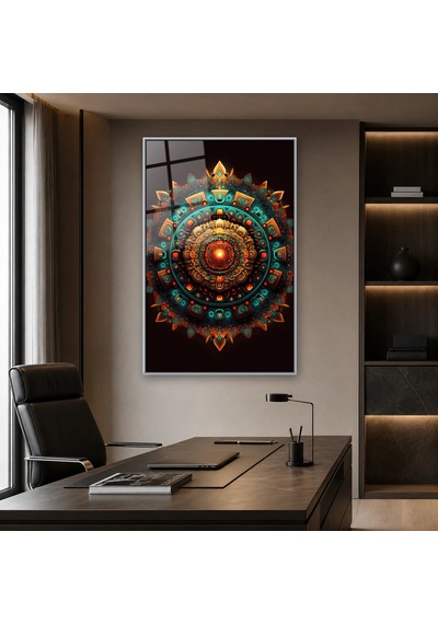 Işıltılı Turkuaz Kabartma Mandala Gümüş Çerçeveli Cam Tablo