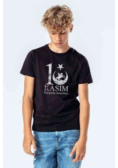 Tshirthane 10 Kasım Sonsuzluk Ve Silüet Baskılı Unisex Çocuk Siyah Tshirt
