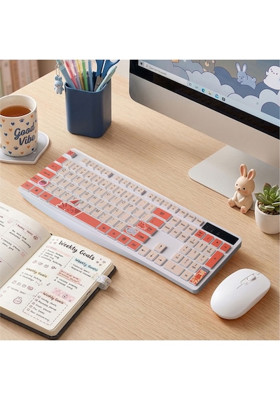 Kablosuz Klavye Mouse Seti Kedi Temalı Sessiz Turuncu Beyaz Retro Tablet Laptop Pc Uyumlu Optik