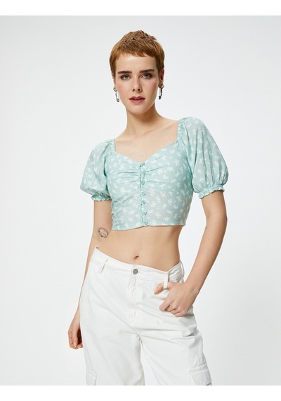 Koton Balon Kol Crop Bluz Çiçekli Düğmeli V Yaka Viskoz Kumaş Yeşil Desenli 4sal60014ıw 4SAL60014IW7D6 Koton Balon Kol Crop Bluz Çiçekli Düğmeli V Yaka Viskoz Kumaş Yeşil Desenli 4sal60014ıw 4SAL60014IW7D6