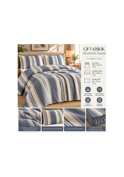 Slc Home Çift Kişilik Nevresim Takımı Şık Tasarım 4 Parça Mavi - 940025996 Mavi