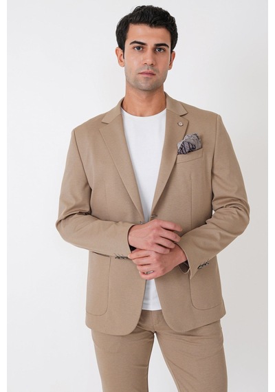 Comfort Fit Çift Yırtmaç Torba Cep Metal Düğmeli Koyu Bej Blazer Ceket C 734