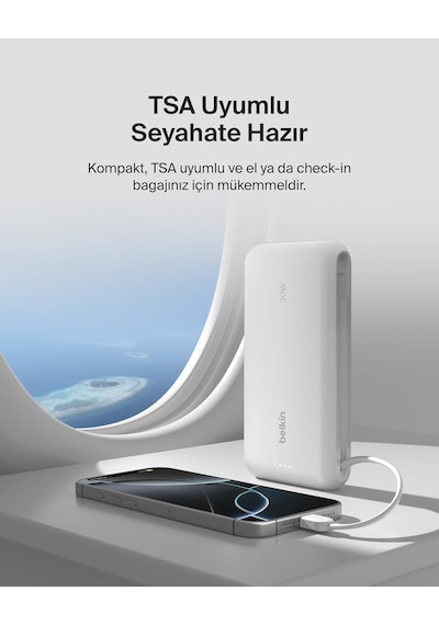 Belkin Boostcharge 20.000mah Entegre Kablolu 30w Hızlı Şarj Powerbank, Beyaz Beyaz