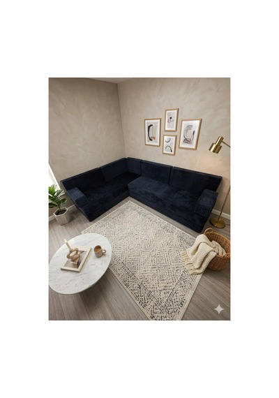 Premium Kadife Kumaş, Konforlu Yer Kanepesi ,modüler Şark Köşesi Takımı - Lacivert - 40 Cm- L Set