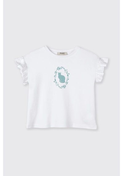 Panço Kız Çocuk Kolları Fırfır Detaylı Kedi Desenli Beli Lastikli Mavi Pijama Takımı 2511GK39004
