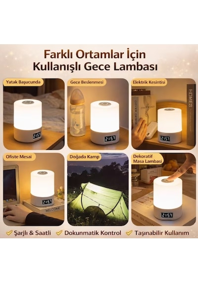 Baymusk Teknoloji Ayarlı Şarjlı Saatli Masa Lambası Gece Lambası Beyaz