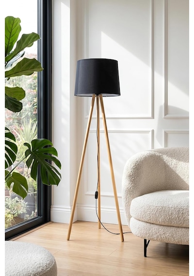 Woody Tripod Siyah Kumaş Zemin Lambaderi, Kumaş Başlıklı Ayaklı Lamba Ve Salon Oturma Odası Aydınlatması - Modern Dekoratif Yer Lambası Diğer