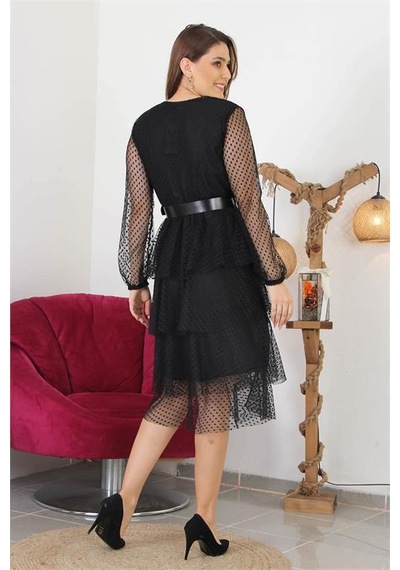Neşeli Butik Kadın Kemerli Eteği Kat Kat Yeni Sezon Tül Elbise Nb10006 Siyah