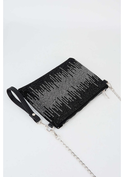 Vivaq Kadın Dalgalı Gümüş Taşlı Süet Bilek Askılı Ve Zincir Askılı Portföy El Ve Clutch Çanta SİYAH