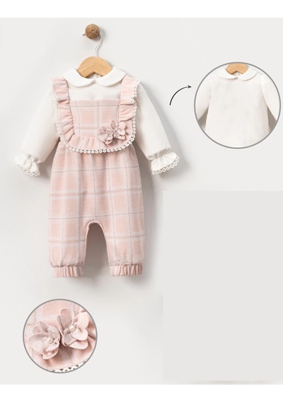 Lamato Baby Ekose Salopet Çiçek Aksesuarlı Badili Bebe Kız Tulum Pudra