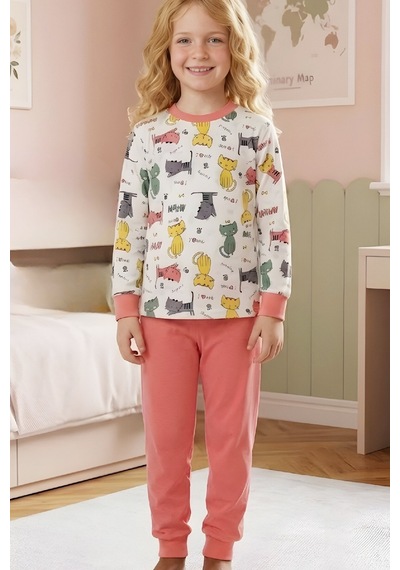 Modanino Kız ÇocukPamuk Pijama Takımı 4-11 Yaş 12628 Somon
