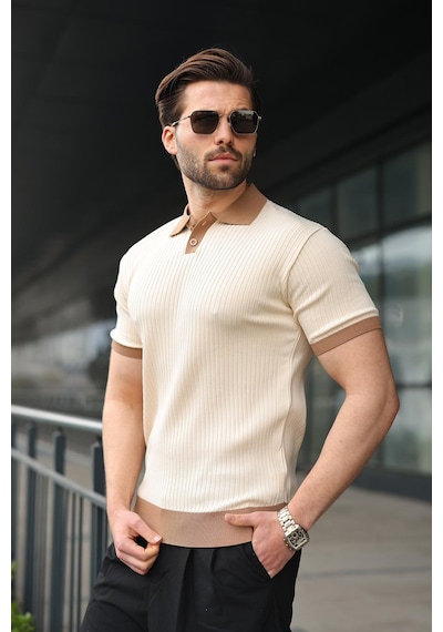 Madmext Taş Rengi Polo Yaka Triko Erkek Tişört E7471 Taş Rengi