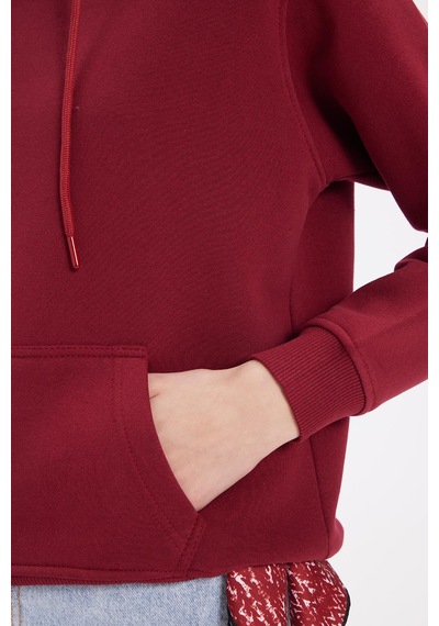 Tudors Kadın Relax Fit Rahat Kesim Pamuklu Kapüşonlu Kanguru Cepli Bordo Sweatshirt-39939 Bordo