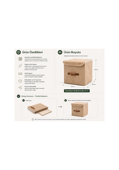 Kapaklı Jüt Saklama Kutusu 25x25x25 Cm Katlanabilir Dolap Düzenleyici Raf Organizer Doğal