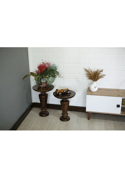Wood Wooden Ahşap 2'li Ceviz Renk Fitilli Mantar Yan Sehpa Modern Fiskos / Çiçeklik / Zigon Sehpa Ceviz