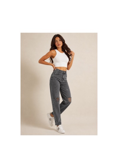 Kene Jeans Yüksek Bel Diz Lazer Yırtık Kar Siyah Mom Jeans Pantolon Kar Siyah