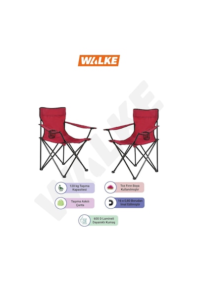 Walke 2 Li Katlanabilir Kamp Sandalyesi Piknik Sandalyesi Plaj Sandalyesi Kırmızı Taşıma Çantalı Kırmızı