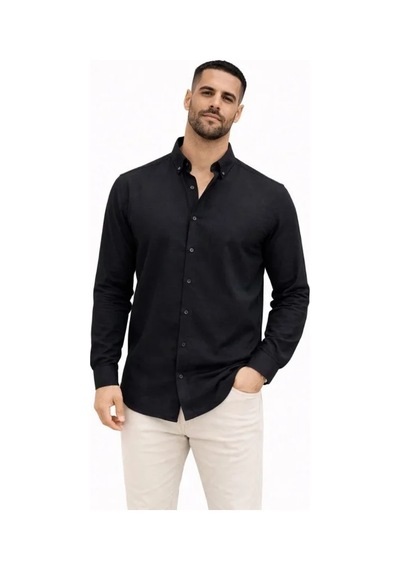 Etiler Collection Erkek Keten Kumaş Oversize Uzun Kollu Rahat Kalıp Gömlek - Siyah