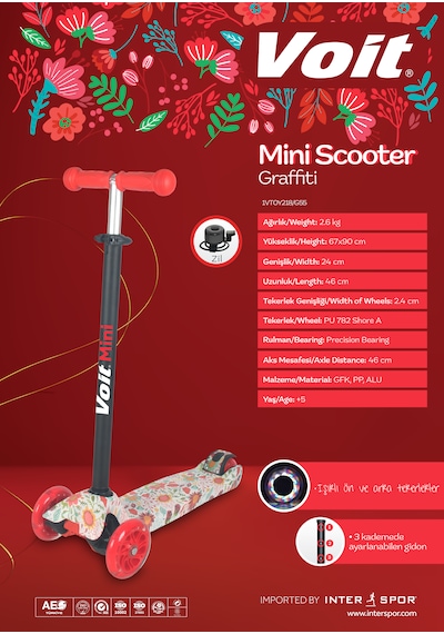 Voit Işıklı Tekerlekli Çocuk Scooter Ayarlanabilir Gidon, Zil,