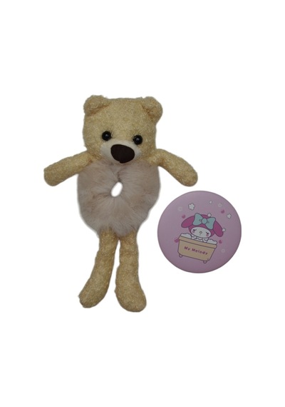 Ayıcıklı Peluş Kız Çocuk Lastik Toka & Ayna Seti Bej