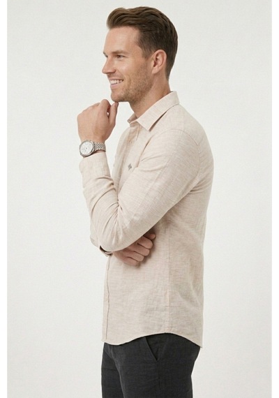 Rizzup Bej Slim Fit Çizgili %100 Pamuk Erkek Gömlek Nefes Alan Şık Günlük Gömlek 2602626