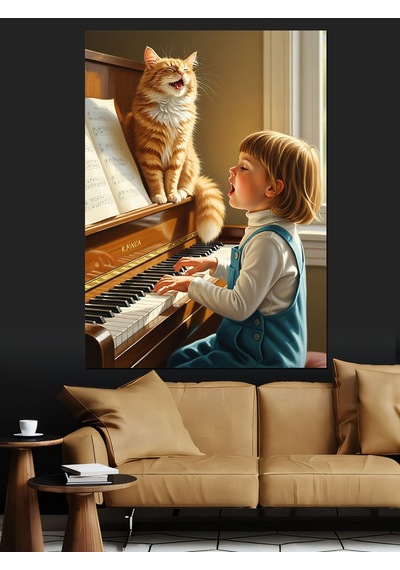 Ahşap Tablo Kedi Ve Piyano Çalan Çocuk