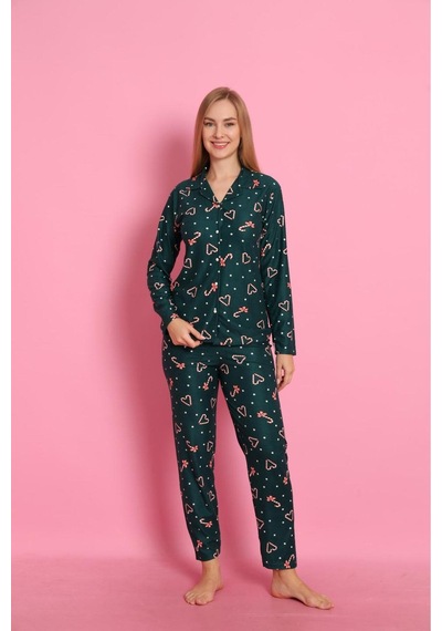 Free Beka Yılbaşı Desenli Uzun Kollu Önden Düğmeli Gömlek Yaka Anne Kız Pijama Takımı Yeşil
