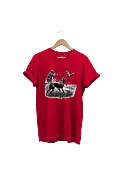Avcılık Temalı Kuş Avı Ve Av Köpeği Baskılı %100 Pamuk Regular Fit Kırmızı T-shirt Kırmızı