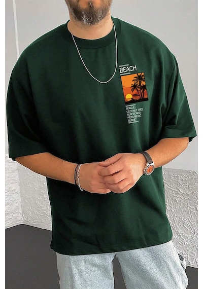 Erkek Beach Baskılı Oversize Tshirt Yeşil