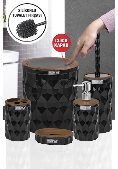Okyanus Home Diamond Siyah Ahşap Click Kapak Banyo Seti 5'li Siyah
