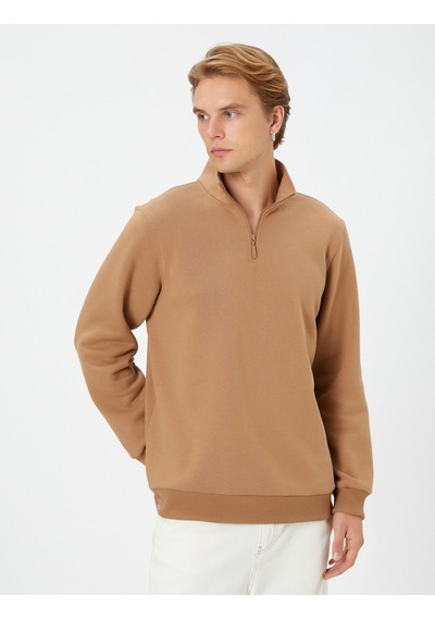 Koton Yarım Fermuarlı Sweatshirt Dik Yaka Uzun Kollu Şardonlu Deve Tüyü 4wam70024mk Taba