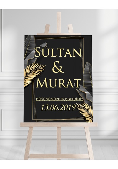Söz Nişan Düğün İçin 50x70 Karşılama Panosu - Siyah Ve Altın Yaprak Tasarımlı Beyaz