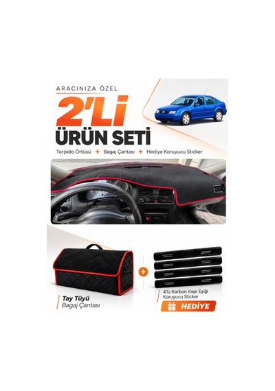 Volkswagen Jetta 1997-2003 Uyumlu Torpido Örtüsü + Tay Tüyü Çanta + Sticker - Siyah Kırmızı