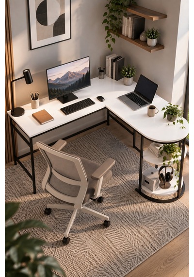 Sulorahome Tipi Köşe Çalışma Masası 2 Raflı Beyaz