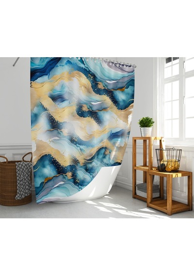 Banyo Duş Perdesi Mermer Desen Renkli Dijital Baskılı Banyo Perdesi, Tek Kanat C Halkalı-180x200 Cm Çok Renkli