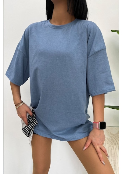 Startmore Unisex Pamuk Bisiklet Yaka Oversize T-shirt Bebe Mavisi