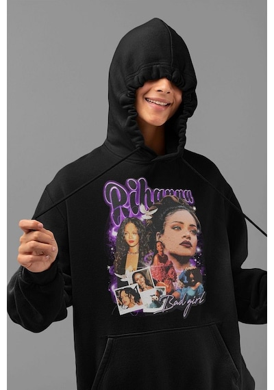 Şarkıcı Rihanna Baskılı Unisex Oversize Hoodie Siyah