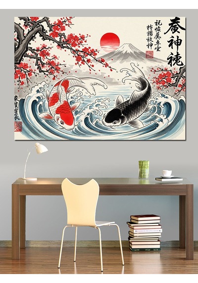 Ahşap Tablo Japon Tarzı Balık Ve Güneş