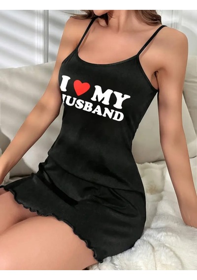 Sebalma Fashion I Love My Husband Yazılı Askılı Pamuklu Penye Gecelik Siyah