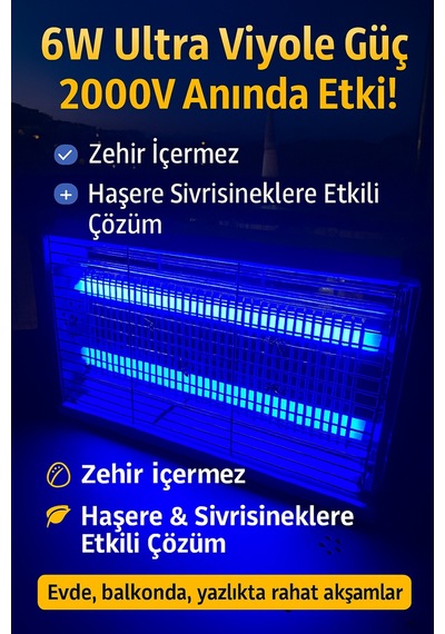 Elektrikli Ultraviyole 2 Mor Led Işıklı Metal Askı Aparatlı 6w 2000v Uv Sinek Haşere Öldürücü Tuzak