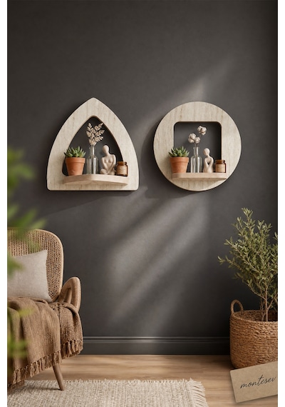 Ahşap Dekoratif Duvar Rafı 2 Li / 3 Lü Set Mtsv - 857 Mermer Desenli