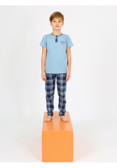 Vitmo Erkek Çocuk Kısa Kollu %100 Pamuklu Düğme Detaylı Cool Boy Pijama Takımı Mavi
