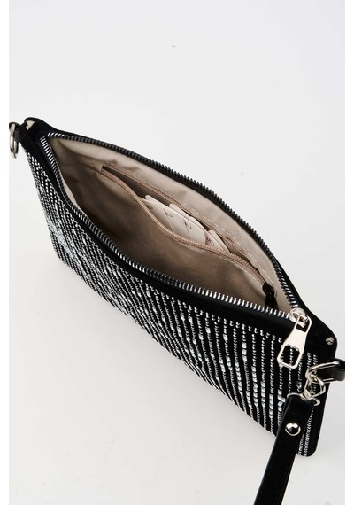 Vivaq Kadın Dikey Gümüş Taşlı Süet Bilek Askılı Ve Zincir Askılı Portföy El Ve Clutch Çanta SİYAH