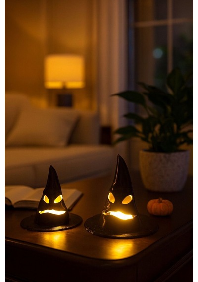 Korku Şapka Figürlü Pilli Mum İle Kullanım Dekoratif 2 Li Aksesuar Masaüstü Obje Halloween Süs